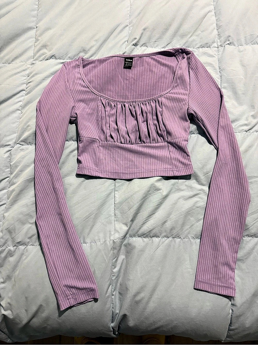 SHEIN Light Purple Ribbed Ruched Bust Long Sleeve Crop Top XS